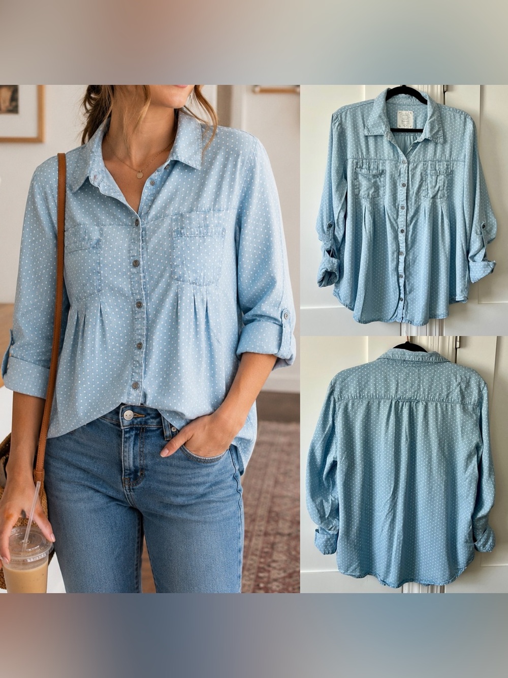 Style & Co Polka Dot Chambray Button Front Roll Tab Shirt Light Blue Sz L